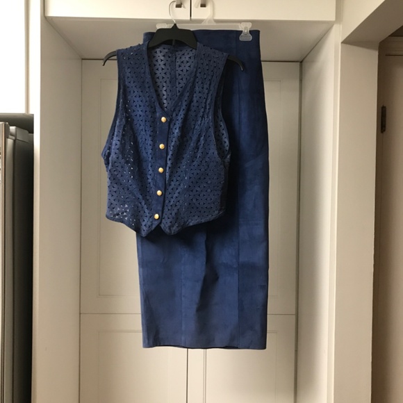 Vintage Danier Leather Suede Long High Waisted Pencil Skirt & Vest Blue M /10 - Picture 15 of 16